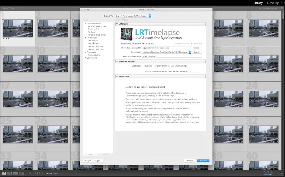 Final step: back to Adobe Lightroom and Export the final time-lapse sequence