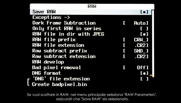 Enable the shooting in RAW